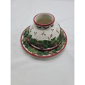 Salt City Porcelain Retired Christmas Pine Cones Candle Shade Topper and Plate